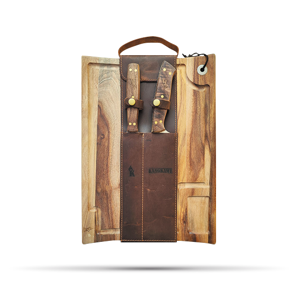 SET PARRILLERO TABLA MADERA/CUCHILLO/TENEDOR/FUNDA CUERO