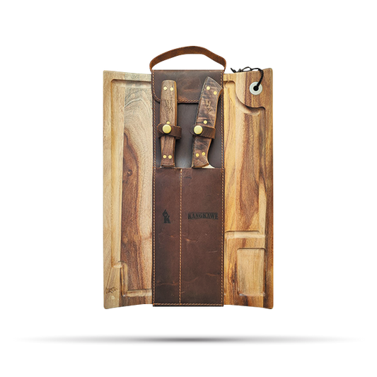 SET PARRILLERO TABLA MADERA/CUCHILLO/TENEDOR/FUNDA CUERO